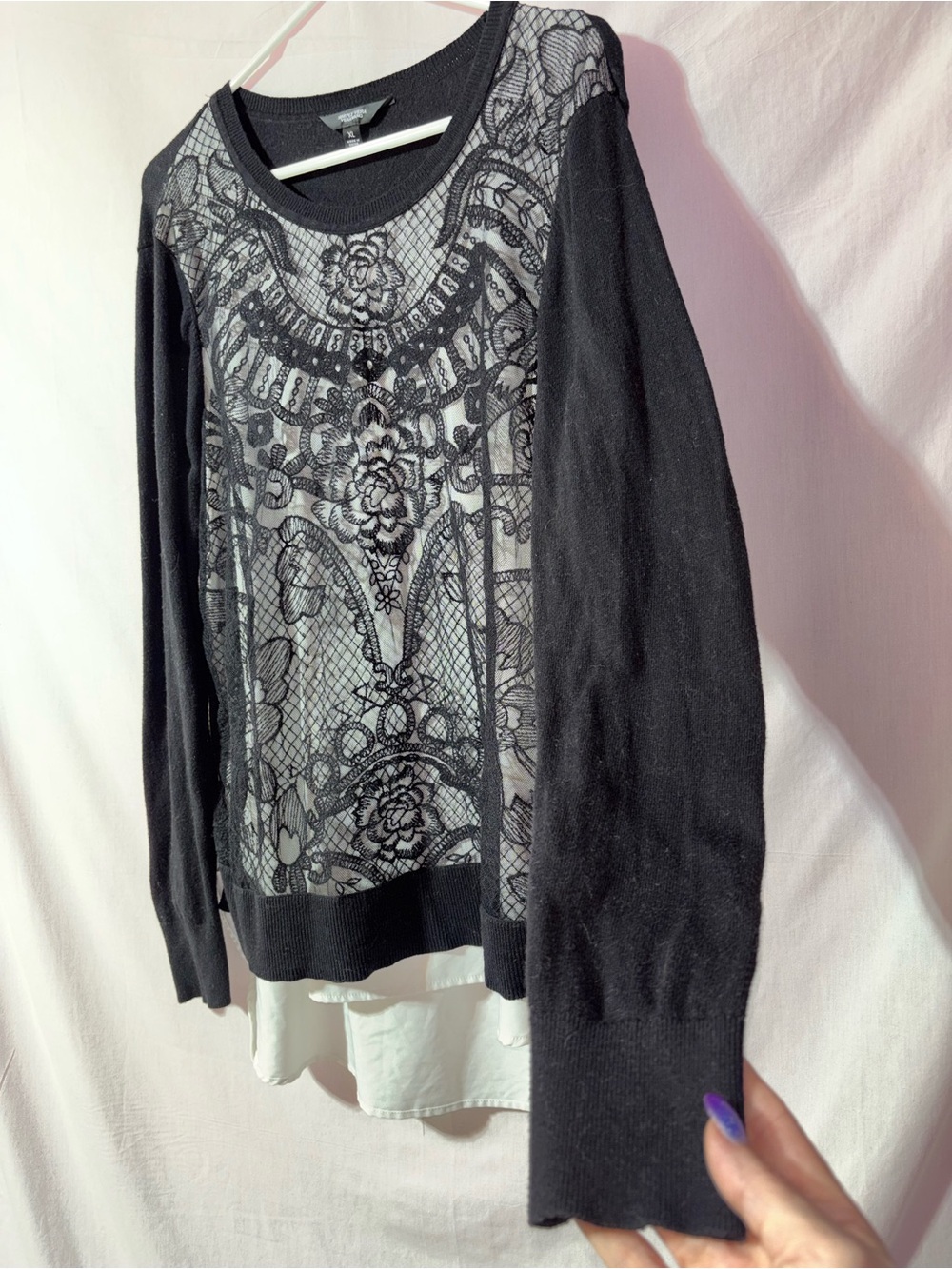 Simply Vera Vera Wang Black Lace-Overlay Crewneck Sweater with White Hem - Picture 4 of 8